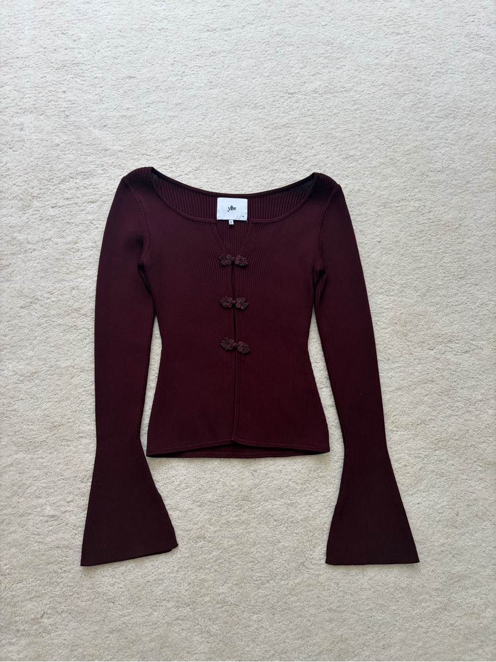 Women's Ribbed Long-Sleeve Top with Decorative Frog Closures - Burgundy